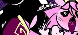 abstract_background ambiguous_oral anthro big_butt black_body black_skin butt circle_eyes duo facesitting female gastropod hair hi_res hypnosis jerry_capshell licking male male/female mind_control mollusk nude onomatopoeia open_mouth pink_body pink_hair pink_skin presenting presenting_hindquarters sex shadowed_body shell_hat short_tail sitting sitting_on_another size_difference smaller_male snail sound_effects spiral_background spiral_stream_derby spiral_tapp tail text thefablednekos tongue tongue_out