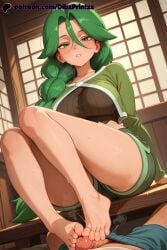 1boy 1girl 1girls ai ai_assisted ai_generated anime artist_name barefoot blush braid braided_ponytail breasts cheryl_(pokemon) crop_top dibzprintz erection feet footjob green_eyes green_hair green_jacket green_shorts hair_between_eyes hetero hi_res high_quality high_resolution highres indoors jacket large_breasts legs long_hair long_sleeves looking_at_viewer nintendo parted_lips patreon_username penis pokemon pokemon_(game) shorts single_braid sitting solo_focus sweat thighs toenails toes two-footed_footjob uncensored watermark web_address