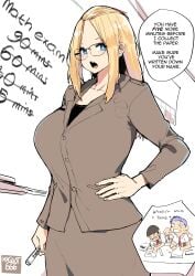 1girl 4boys absurdres artist_name bangs_pinned_back blonde_hair blue_eyes breasts collared_shirt cowboy_shot examination glasses hand_on_own_hip highres inne_sulistya_robin large_breasts long_hair marker math multiple_boys necktie norman_maggot original pencil_skirt physical_examination red_neckwear school_uniform shirt short_sleeves sitting skirt speech_bubble standing sweatdrop teacher whiteboard writing