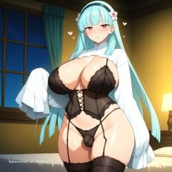 1girl ai_assisted ai_generated aqua_hair bedroom black_lingerie black_thighhighs blush brown_eyes curvaceous_body curvaceous_hips curvaceous_thighs curvy detailed_face floating_hearts futa_is_smaller hair_flower hairband half_closed_eyes heart_shaped_pupils heart_symbol high_quality hourglass_body huge_breasts huge_hips huge_thighs lace_panties lace_thighhighs large_breasts large_thighs looking_at_viewer massive_thighs night panties_bulge parted_lips perfect_body retro_artstyle seductive_eyes sexy_pose shiny_skin shy sleeves_past_fingers small_balls small_penis_futa straight_hair thick_hips thick_legs thick_thighs thighs thighs_bigger_than_head tsundere very_long_hair voluptuous wide_hips window