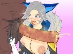 big_areola big_boobs big_breasts big_penis black_male cum_in_mouth fat_male horse_penis horsecock liliana_(arena_of_valor) sperm_cell sucking_penis
