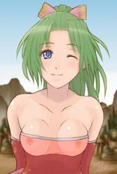 bare_shoulders blue_eyes breasts final_fantasy final_fantasy_vi green_hair nipples see-through smile terra_branford wink yukihiro