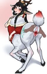 alternate_costume antlers blush blushing centaur centaur_girl centauress color colored dark_hair deer deer_antlers deer_ears deer_girl deer_tail deer_taur earrings flower flower_in_hair flowers focus_on_ass focus_on_penis fur groping groping_ass high_resolution highres league_of_legends lillia_(league_of_legends) petals_of_spring_lillia pout pouting pussy riot_games showing_pussy simple_background solo spreading_pussy tail tencent touching_pussy vagina white_background white_fur