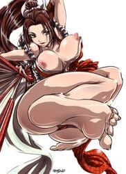 barefoot brown_eyes brown_hair erect_nipples fan feet female female_only human japanese_clothes kimono king_of_fighters long_hair madhatter_hello mai_shiranui nipples pink_nipples ponytail solo tied_hair