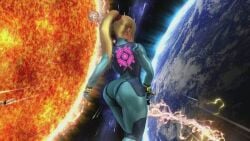 ass_bigger_than_head ass_focus back_view blonde_female blonde_hair bodysuit earth edited edited_screencap female_only metroid mod samus_aran screencap screenshot space sun super_smash_bros. super_smash_bros._for_nintendo_3ds_and_wii_u zero_suit zero_suit_samus
