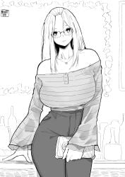 1girl absurdres bag bangs_pinned_back bare_shoulders bottle breasts curvy folded_hair glasses greyscale hair_pulled_back handbag highres inne_sulistya_robin jewelry large_breasts long_hair looking_at_viewer monochrome necklace norman_maggot off_shoulder original pants shirt_tucked_in solo standing wide_sleeves