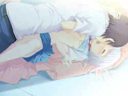 blanket breast_grab female flat_chest game_cg hug kagami_kouhei male open_mouth penis sex shiraki_aeka shirt_lift short_hair skirt skirt_around_belly spread_legs straight uncensored white_hair yume_miru_kusuri