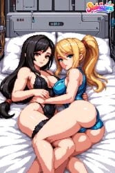 2girls ai_assisted ai_generated ass bed black_hair black_panties blonde_hair blue_eyes blue_leotard bra breasts crossover final_fantasy final_fantasy_vii holding_hands large_breasts leotard lingerie long_hair looking_at_viewer low-tied_long_hair lying metroid multiple_girls nintendo on_bed on_side panties patreon pillow ponytail red_eyes samus_aran smile stelmazura thighs tifa_lockhart underwear waifu yuri