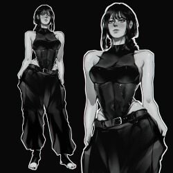 1girls belly_button belt big_breasts breasts chainsaw_man demon demon_girl dirke female female_focus female_only freckles freckles_on_face leotard long_hair makima_(chainsaw_man) monochrome nail_polish nipple_bulge pants ponytail shounen_jump sideboob tagme tight_clothing