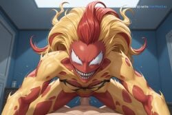1girl ai_assisted ai_generated big_ass black_face bouncing_breasts bra_down claws detailed_face doggy_style fucked_into_submission fucked_silly heart_eyes heart_shaped_pupils monster_girl no_pupils pov red_body red_face red_hair seductive_look seductive_smile sharp_teeth symbiote thicc_ass thicc_thighs torn_clothes two_tone_body two_tone_hair vaginal_sex wants_to_fuck white_eyes wide_hips yellow_body yellow_hair