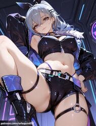 1girl ai_generated arlequin097 arm_up armpits belt black_footwear black_jacket black_shirt black_shorts boots breasts cameltoe choker cleavage closed_mouth covered_nipples crop_top cropped_jacket crossed_bangs drill_hair from_below fur-trimmed_jacket fur_trim grey_eyes grey_hair hair_between_eyes hair_ornament hair_ribbon hairclip hand_on_own_hip high_heel_boots high_heels highleg honkai:_star_rail honkai_(series) hoyoverse jacket large_breasts leg_up long_hair long_sleeves looking_at_viewer looking_down medium_breasts midriff mihoyo navel open_clothes open_jacket partially_visible_vulva piercing ponytail ribbon shirt short_shorts shorts silver_wolf_(honkai:_star_rail) skindentation sleeveless sleeveless_shirt smile solo stomach thigh_strap thighs two-sided_jacket white_belt zipper zipper_pull_tab