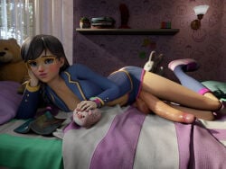 3d bed bedroom big_dick big_penis blizzard_entertainment circumcised d.va d.va_(overwatch) digital_media_(artwork) eyewear futanari glasses jacket pillow pleated_skirt plush_toy plushie school_uniform schoolgirl sitting small_breasts solo stuffed_animal stuffed_toy teddy_bear tie toy