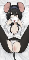 1girl animal_ears anus black_hair black_pantyhose blue_hairband breasts censored chinese_commentary clothing_aside commentary_request cowboy_shot hairband highres looking_at_viewer lying medium_breasts medium_hair mosaic_censoring mouse_ears mouse_girl on_back on_bed open_clothes open_shirt original panties panties_aside pantyhose pussy see-through_clothes see-through_pantyhose shirt solo spread_legs torn_clothes traveler_hxy underwear variant_set white_shirt
