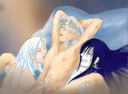 3boys age_difference anal artist_request bite biting black_hair blindfold bondage cum cum_on_body cum_on_self gay grey_hair group_sex handjob kimimaro legs_held_open lowres male male_only multiple_boys naruto nipple_biting nipple_licking nude orochimaru penis sex straight_hair threesome tied white_hair wrists_bound yakushi_kabuto yaoi