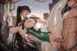 1boy 1girl ai_generated bangs black_hair blunt_bangs blush breasts breasts_outside brown_hair collar condom eve_(stellar_blade) gloves hetero hi_res high_quality high_resolution kiraamane large_breasts leg_lift leg_up long_hair necktie nipples open_mouth outdoors patreon penis ponytail pubic_hair pussy seductive sex sexy standing standing_on_one_leg stellar_blade sweat torn_clothes torn_legwear uncensored vaginal watermark white_legwear