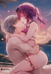 1boy 1girl ai_generated beach breasts caelus_(honkai:_star_rail) cleavage closed_eyes cowgirl_position embrace heart hetero highres honkai:_star_rail hug kafka_(honkai:_star_rail) kissing large_breasts micro_bikini nsfw ocean outdoor purple_eyes purple_hair sex shiny_skin stormiaart straddling sunglasses sunset sweat