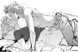 2boys artist_request bed bulge character_request clothed clothed_erection frottage kissing male monochrome multiple_boys on_back open_fly penises_touching shirt_lift tongue yaoi