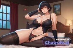 1girl ai_assisted ai_generated ballroom bedroom black_hair black_lingerie black_thighhighs blush curvaceous_body curvaceous_hips curvaceous_thighs curvy detailed_face devil_may_cry floating_hearts futa_is_smaller green_eyes half_closed_eyes heart_shaped_pupils heart_symbol heterochromia high_quality hourglass_body huge_breasts huge_hips huge_thighs lace_panties lace_thighhighs lady_(devil_may_cry) large_breasts large_thighs looking_at_viewer massive_thighs night panties_bulge parted_lips perfect_body red_eyes seductive_eyes sexy_pose shiny_skin short_hair shy small_balls small_penis_futa source_anime thick_hips thick_legs thick_thighs thighs thighs_bigger_than_head tsundere voluptuous wide_hips window