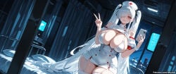 1girl ai_assisted ai_generated bangs blush breasts cinderella_(nikke) cleavage curvaceous curvy curvy_female curvy_figure dress female goddess_of_victory:_nikke hair_over_one_eye hat heart holding huge_breasts indoors long_hair looking_at_viewer miyuai silver_hair smile solo thick thick_ass thick_butt thick_hips thick_legs thick_thighs thighhighs twintails very_long_hair voluptuous voluptuous_female white_legwear wide_hips wide_thighs wrist_cuffs x_hair_ornament