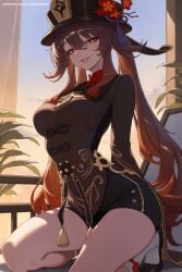 1girl ai_generated bangs black_hair breasts brown_hair dress flower genshin_impact hat hi_res high_quality high_resolution hu_tao_(genshin_impact) kneeling long_hair looking_at_viewer medium_breasts oda_nobunaga_(fate)_(all) patreon red_eyes seductive sexy smile solo thighs uncensored watermark
