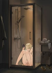 1girls ass blonde_hair breasts evelyn_chevalier female female_only fingering frozenspiderlily masturbation masturbation_in_bathroom nude nude_female shower showering tagme thighs zenless_zone_zero