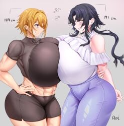 2girls abs absurd_res athletic athletic_female biceps big_ass big_boobs big_breasts big_butt big_thighs blush blush_lines blushing breasts_bigger_than_head curvy curvy_body curvy_female curvy_figure doinaka gigantic_boobs gigantic_breasts height_comparison highres huge_ass huge_boobs huge_breasts huge_butt huge_thighs medium_hair muscular muscular_arms muscular_female muscular_legs muscular_thighs pressing_breasts_together short_hair simple_background sportswear tall tall_female thick_thighs yellow_hair