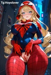 adult ai_generated big_ass big_breasts female female_focus female_only genshin_impact hips huge_hips huge_thighs marvel navia_(genshin_impact) pussy pussy_focus showing_pussy spider-man_costume thighs