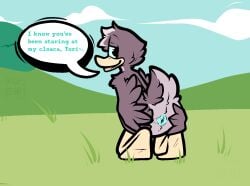 ambiguous_anthro ambiguous_gender anatid animal_genitalia anseriform anthro artist_name avian avian_butt beak bird black_outline blue_cloaca blue_eyes brown_body brown_feathers butt cloaca cloud duck english_text feather_tuft feathers genitals grass head_tuft kamoto_vivi kneeling looking_back narrowed_eyes nude_ambiguous nude_anthro open_beak open_mouth outline outside plant presenting presenting_cloaca raised_tail sky solo speech_bubble spread_butt spread_cloaca spreading tail tail_feathers talking_to_another text tilde_after_text tuft viveka_(kamoto_vivi) yellow_beak yellow_body