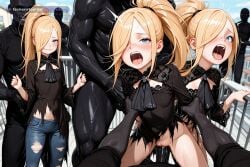 1girl ai_assisted ai_generated balcony behind_view black_dress blonde_hair blue_eyes collar doggystyle embarrassed gangbang hair_over_one_eye jeans outside parted_bangs ponytail pov pussy_sex saliva screaming shaking smug standing torn_clothes torn_dress