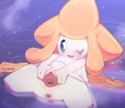 2026 3_fingers anus blue_sclera blush clitoris digital_drawing_(artwork) digital_media_(artwork) featureless_feet feet female female_humanoid fingers generation_3_pokemon genitals hi_res high-angle_view humanoid inner_labia jirachi legendary_pokemon looking_at_viewer lying multicolored_body nintendo on_back one_eye_closed open_mouth open_smile partially_submerged pokemon pokemon_(species) shaded smile soft_shading solo spread_legs spread_vulva spreading two_tone_body urethra vulva water white_body yellow_body yirus9