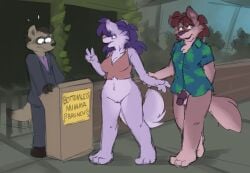 2023 anthro balls barefoot bottomless canid canine canis clothed clothing feet female flaccid fluffy fluffy_tail genitals group humanoid_genitalia humanoid_penis jaz_(nanimoose) male mammal nanimoose outside penis saff_(nanimoose) tail trio vulva wolf