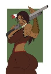 1girls ass ass_focus big_breasts breasts danielle_fireseed dark-skinned_female dark_skin feather_hair_ornament feathers female female_only gun looking_at_viewer muscular muscular_arms muscular_female native_american native_american_female pochoclogigi shotgun solo solo_female tight_clothing tight_fit turok