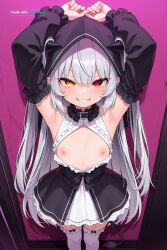 1girl absurd_res ai_assisted ai_generated black_bow black_clothing black_collar black_dress black_leggings black_sleeves demon_horns detached_sleeves devious_grin first_person_perspective flat_chest frills garter_straps grey_hair hands_above_head hard_nipples heterochromia hood_up large_breasts lilith lion_tail lustful perfect_ass pointy_ears posing_for_viewer red_eyes seductive standing tight_clothing two_side_up very_long_hair white_dress white_socks white_thighhighs yellow_eyes