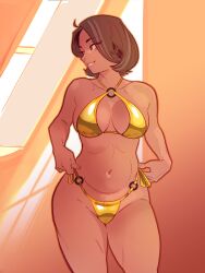 1girls adjusting adjusting_clothes adjusting_swimsuit bikini breasts brown_hair cameltoe contrapposto cowboy_shot female gold_bikini golden_week grey_hair mature_female milf ndasfw nora_(ndasfw) nora_(sea_legs) sea_legs smile solo swimsuit thighs