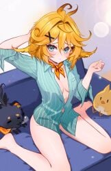 1girls ahoge aki_hoshino blonde_hair blue_eyes dokibird dokibird_(bounty_hunter) head_wings indie_virtual_youtuber looking_at_viewer pantsless scarf small_breasts unbuttoned unbuttoned_shirt vtuber