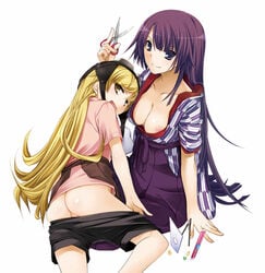 ass bakemonogatari bashamichi blonde_hair blush breasts cleavage female female_only hakama hands japanese_clothes kimono long_hair monogatari_(series) multiple_girls nakajima_yuka nipple_slip nipples open_mouth oshino_shinobu pants_pull purple_hair pussy scissors senjougahara_hitagi shorts uncensored undressing yagasuri