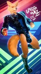 9:16 anthro balls_outline beverage boots bulge canid canine chastity_bulge chastity_device clothed clothing container cup detailed_bulge digital_media_(artwork) fangs footwear fox fur genital_outline gregg_lee hi_res holding_container holding_cup holding_object jacket latex latex_clothing latex_jacket latex_topwear latex_underwear looking_at_viewer male mammal night_in_the_woods shoes sidekick smile solo tail teeth text topwear underwear