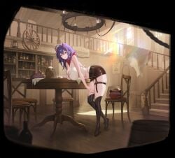 1girl 1girls absurdres ahoge akuma_nihmune ass beer_mug bent_over big_breasts black_boots boots bottle breasts brown_skirt chair chandelier cleavage cowboy_hat cowgirl_(western) cup demon_horns facial_mark female hair_between_eyes hanging_breasts hat heart heart_facial_mark highres horns huge_breasts indie_virtual_youtuber lantern large_breasts long_hair looking_at_viewer massive_breasts mole mole_under_eye mug neckerchief official_alternate_costume official_art pink_eyes purple_hair red_horns red_neckerchief saloon shirt skirt solo stairs standing table thick thick_thighs thigh_boots thigh_strap thighs tits virtual_youtuber vtuber wanted_poster whisperingfornothing white_shirt window wooden_floor
