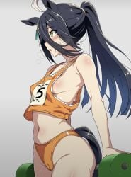 belly belly_button black_hair cameltoe hair_over_one_eye hips horse_ears horse_tail legs long_ponytail manhattan_cafe_(umamusume) midriff mouth_open petite petite_female ponytail pussy_peek sideboob slim_waist small_breasts sports_bra sports_panties tonyman_plus track_uniform umamusume umamusume_pretty_derby weights