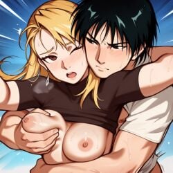 1girls ai_generated areolae blonde blonde_female blonde_hair blonde_hair_female blue_eyes breasts female female_only fullmetal_alchemist fullmetal_alchemist_brotherhood light-skin light-skinned_female nipples pale-skin pale-skinned_female riza_hawkeye roy_mustang solo solo_female tagme
