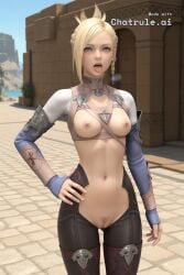 1_girl 1girl ai_assisted ai_generated bangs blonde_hair blue_eyes butt_crack desert exausted final_fantasy_xiv from_behind gluteal_fold half_body hyur minfilia narrow_waist nude oiled_body open_mouth petite photo photorealistic pussy_juice_leaking realistic round_ass sexually_suggestive skindentation standing surprised sweat_body tan_skin thick_thighs tight_clothes tongue_out wet_body wet_face wet_hair wide_hips
