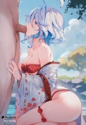1boy 1girl ai_generated ass blue_eyes blue_hair bra breasts cleavage day drool fellatio furina_(genshin_impact) genshin_impact hetero highres kneeling large_breasts lingerie looking_up nsfw open_clothes oral outdoor penis robe saliva stormiaart trees uncensored water white_hair