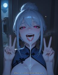 1girl ai_generated bangs blue_dress blush breasts chinese_clothes cleavage cum cum_in_mouth cum_on_body cum_on_breasts cum_on_tongue double_v dress earrings explicit full_moon hair_between_eyes hair_bun jewelry large_breasts looking_at_viewer moon night night_sky nyx_x open_mouth red_eyes saliva single_hair_bun sky smile solo teeth tongue tongue_out upper_body v white_hair window