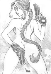 1girls ass big_ass big_breasts braid breasts female glasses gun lara_croft marcio_fernandes nude ponytail solo tomb_raider traditional_media_(artwork)