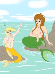 blonde_hair boulder brown_hair huge_breasts leanne_greenleaf mermaid mermay nipples ocean rose_rozey singing small_breasts spark_knight topless two_girls