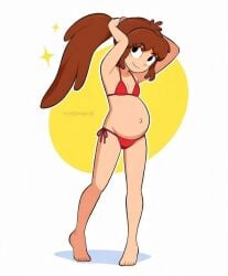 1girls ai_edit almost_naked arms_above_head dingitydingus dummygoob edit edited female female_focus female_only micro_bikini oc original original_character pregnant pregnant_belly red_hair red_micro_bikini sophia_(dingitydingus)
