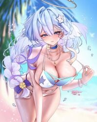 1girl 1girls absurdres angel artist_name ass beach belly belly_button bending_over bent_over big_ass big_breasts bikini blue_choker blue_eyes blue_hair blue_sky blush blushing breasts choker cleavage collarbone commentary cute female female_focus female_only fluffy fluffy_hair hair_ornament halo head_wings highres hips hips_wider_than_shoulders honkai:_star_rail honkai_(series) huge_ass huge_breasts inner_sideboob jewelry large_breasts leaning_forward long_hair looking_at_viewer meowmaffura midriff navel necklace ocean official_alternate_costume panties ponytail pulling_bikini_string ribbon robin_(honkai:_star_rail) robin_(summeretto)_(honkai:_star_rail) seaside sideboob sky solo star star_pattern starfish_hair_ornament swimsuit teasing thick_as_fuck thick_thighs thighs very_long_hair water white_bikini white_wings wings