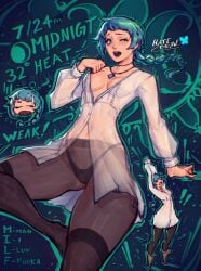 2d aged_up atlus child_bearing_hips choker cleavage cleavage_cutout fuuka_yamagishi green_hair hatidraw hourglass_figure hourglass_figured_female inner_thighs medium_breasts necklace one_eye_closed open_mouth open_shirt panties panties_visible_through_clothing pantyhose persona persona_3 see-through see-through_clothing see-through_pantyhose sfw spread_legs tagme thick_thighs thigh_highs thighhighs video_game_character voluptuous voluptuous_body voluptuous_female yamagishi_fuuka yawn yawning yawning_position