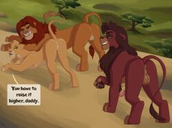 animal_genitalia animal_penis anus ass_up backsack balls bisexual both_sexes_in_same_situation brown_mane butt daughter_(lore) dialogue disney embarrassed english_text erection father_(lore) father_and_child_(lore) father_and_daughter_(lore) felid feline_genitalia feline_penis female feral fuf genitals group hi_res kiara_(the_lion_king) kovu_(the_lion_king) lion looking_back male male/female male/male mammal mane pantherine parent_(lore) parent_and_child_(lore) parent_and_daughter_(lore) penis presenting presenting_anus presenting_hindquarters presenting_vulva quadruped raised_tail sex simba_(the_lion_king) smile speech_bubble tail text the_lion_king trio vulva