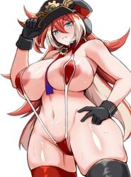1girl adjusting_clothes adjusting_headwear aqua_eyes areola_slip asymmetrical_legwear black_gloves black_hat black_thighhighs blush breasts closed_mouth commentary_request cowboy_shot dina_(duel_masters) duel_masters duel_masters_play's embarrassed from_below gloves hair_between_eyes hand_on_own_hip hat headset large_breasts long_hair mismatched_legwear multicolored_hair multicolored_necktie navel necktie one_side_up purple_necktie red_hair red_necktie red_slingshot_swimsuit red_thighhighs slingshot_swimsuit solo sweatdrop swimsuit thighhighs wermut_niga white_background white_hair